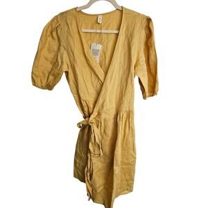 Yellow V-Neck Puff Sleeve Mini Dress